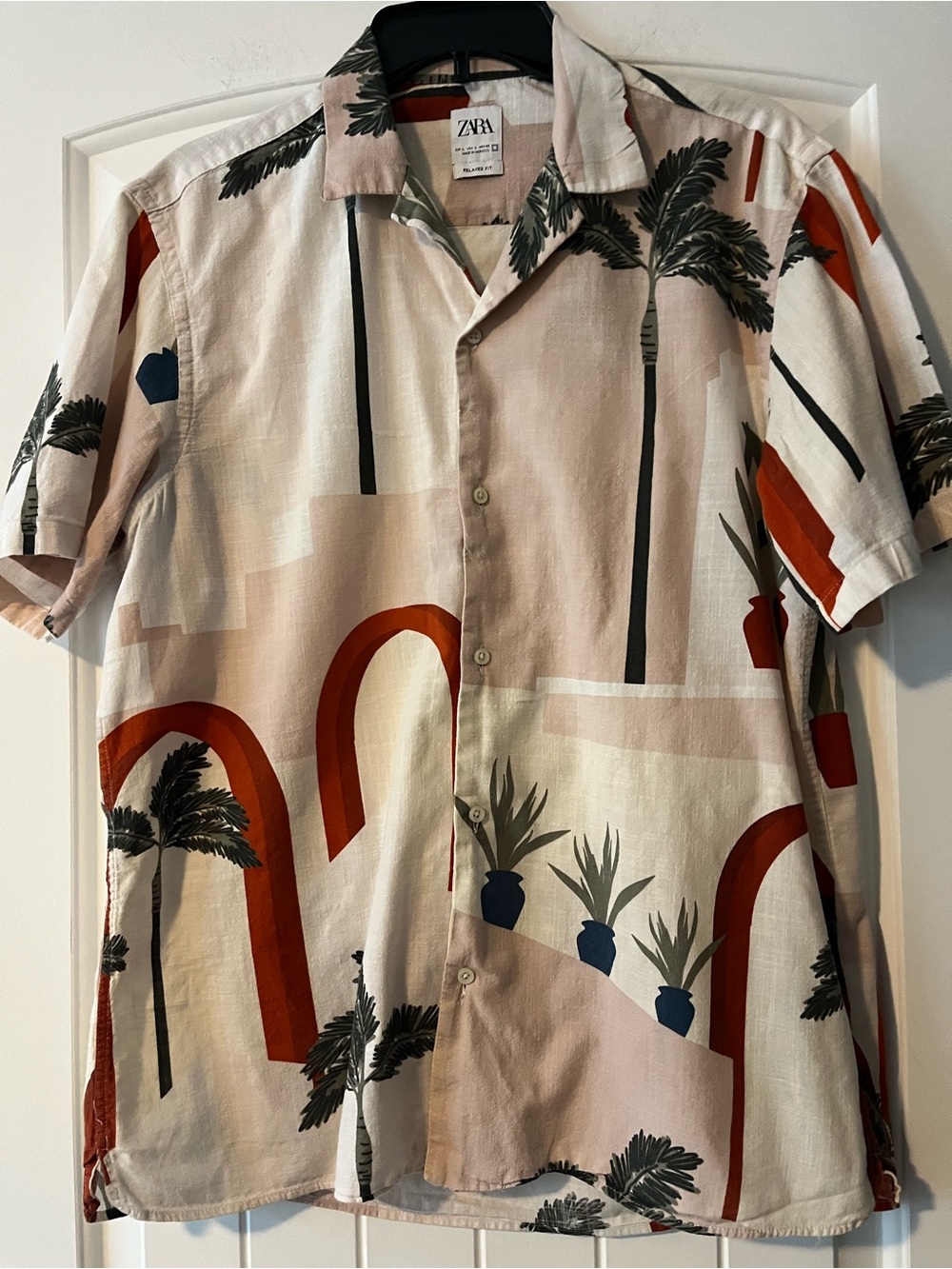 Zara Beige Button-Up Shirt with Rust & Navy Palm Print